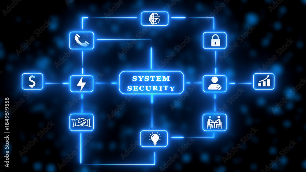 Fototapeta premium System Security Network Flowchart with Icons and Neon Blue Connections on Dark Background diagram