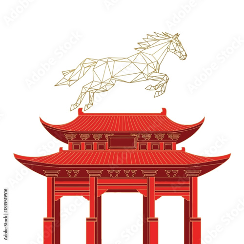 Golden polygonal horse leaping over a traditional red Chinese gate on a white background.