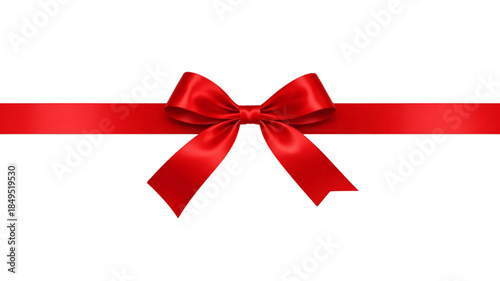 A shiny red satin ribbon bow is isolated on a white background as a festive Christmas gift decoration for a holiday celebration, birthday present, or Valentine wrap design