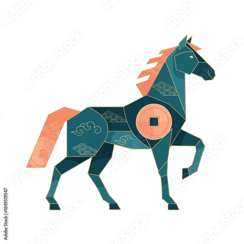 Stylized geometric horse illustration with traditional Asian patterns and coin motif.