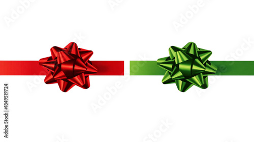 Festive red satin bow and silk ribbon knot on a white background for a Christmas gift wrap or birthday holiday celebration package decoration design