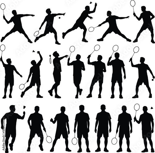 Badminton player silhouettes, athletes with racket and shuttlecock vector set