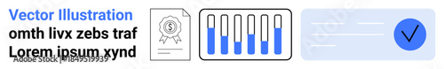 Certificate icon, bar graph with data visualization, and checkmark on abstract background. Ideal for analytics, approval, data research, business, success, finance simple landing page