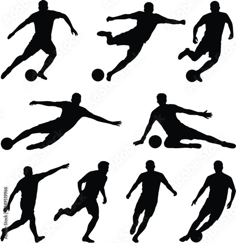 Soccer player silhouettes, football athletes kicking ball vector set