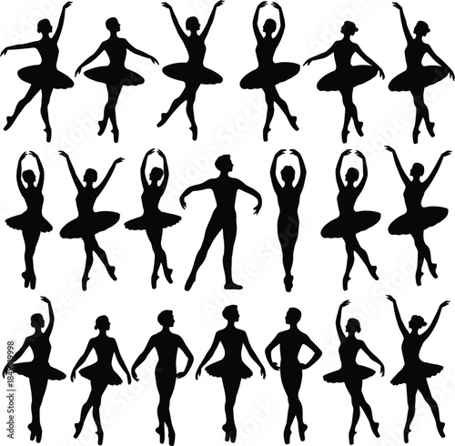 Ballerina silhouettes, ballet dancer in tutu vector set
