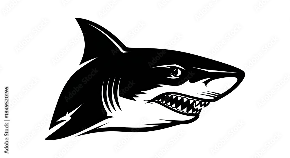 Fototapeta premium Fierce Shark Head Mascot Black and White Vector Illustration.