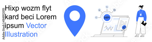 Navigation apps, decentralized finance, technology services, business analytics, blockchain, digital data. Location marker, graphs and person with reports. Navigation apps and decentralized finance