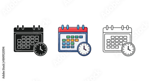 Calendar and clock icons set in solid, color, and outline styles