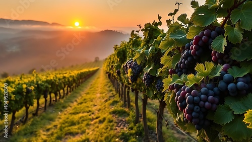 nebbiolo. Nebbiolo vineyard on Piedmont hills at sunrise with morning mist over grapes. menu design, packaging mockups, designed for culinary blogs and recipe cards for restaurants.