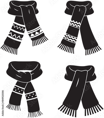 Black and white winter scarf collection icons in a cozy seamless pattern design