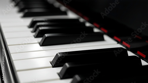 octet. Close-up of piano keys in black and white pattern, elegant musical instrument detail. lifestyle magazines, social media lookbooks, designed for influencer and brand collaborations.
