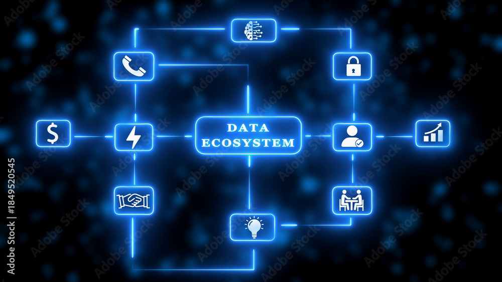 Fototapeta premium Digital Data Ecosystem Network with Icons and Connections on Dark Background Keywords: data ecosystem, network, digital, technology, connection, information, system, data, business, finance