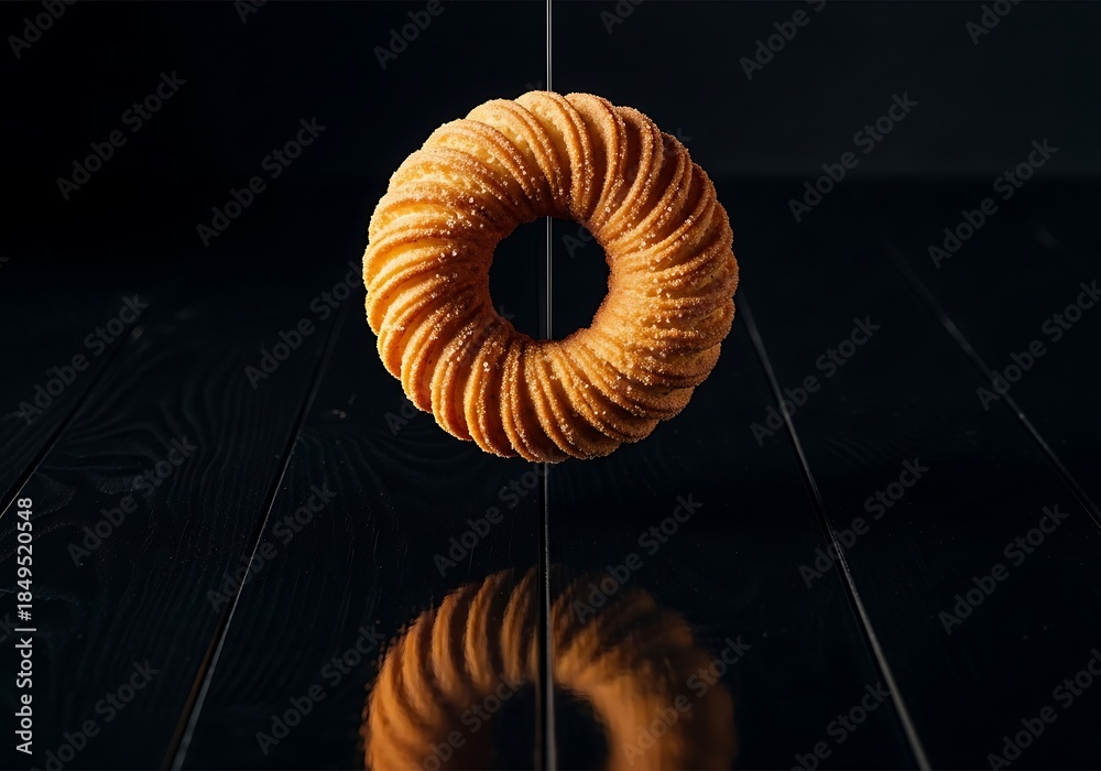 Obraz premium Golden Textured Ring Pastry Artistically Photographed with Reflection on a Dark, Minimalist Surface