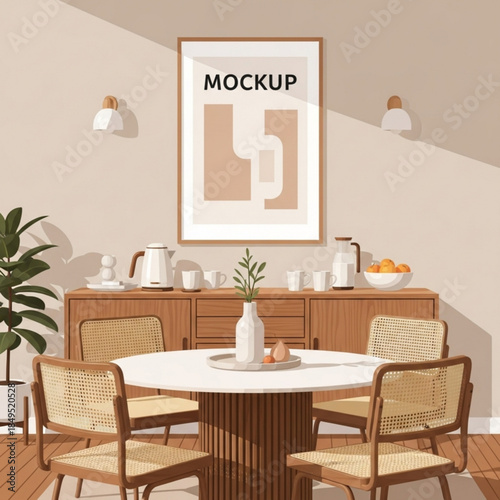 Modern dining room mockup with framed art and rattan chairs cozy interior design for home decor and lifestyle concepts