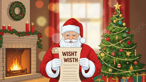 Santa Claus holding a wish list with a decorated Christmas tree and fireplace festive holiday illustration for winter season