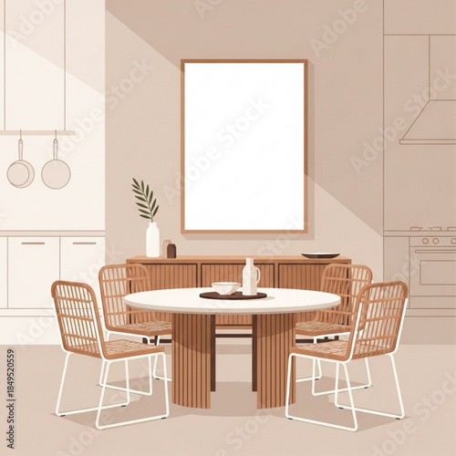 Modern dining room with round table and chairs minimalist interior design with blank frame for mockups warm neutral color palette