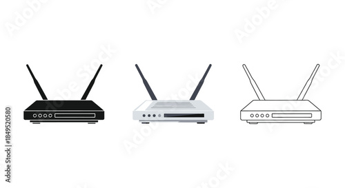Set of three WiFi router icons in solid black, color, and outline styles