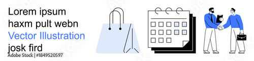 Business deals, e-commerce, scheduling tasks, professional planning, agreement, teamwork. Shopping bag, calendar two people shaking hands. E-commerce and scheduling tasks concept