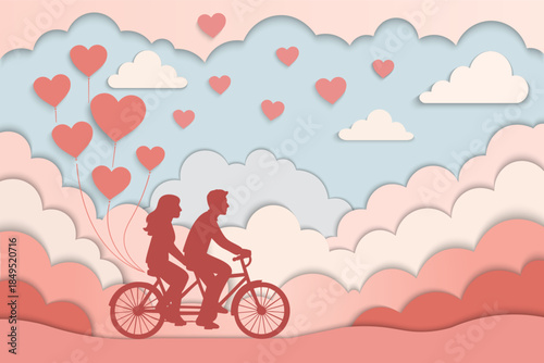 romantic papercut couple riding tandem bicycle with heart balloons in dreamy sky