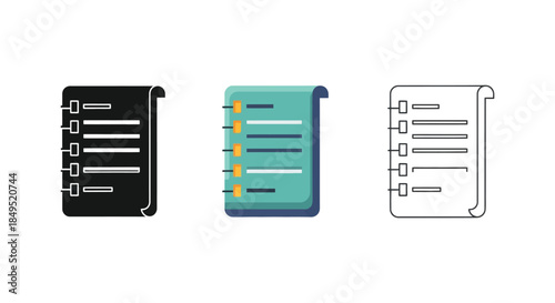 Set of three checklist or to-do list icons in solid black, color, and outline styles