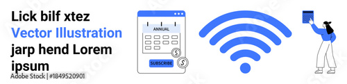 Digital communication, remote work, financial planning, wireless connectivity, budget management, and modern technology. Calendar with coins, wireless signal person holding a clipboard. Digital