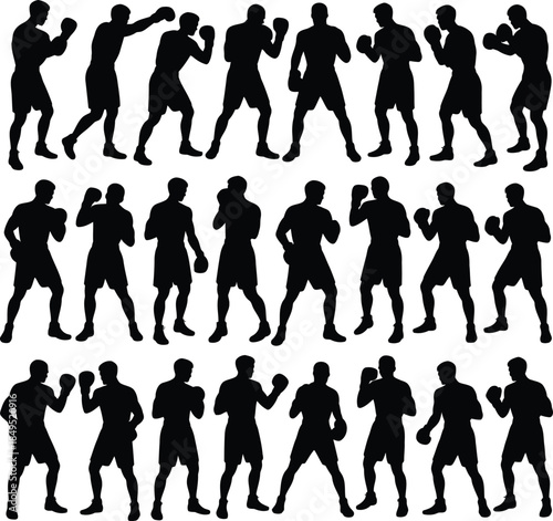 Boxer silhouettes set, boxing fight and training vector icons