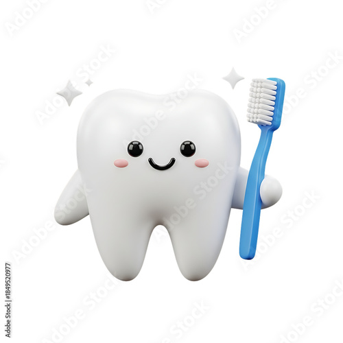 Cute smiling tooth character holding toothbrush representing oral hygiene education, dental care awareness and friendly healthcare mascot concept, isolated on a transparent background, png, cutout