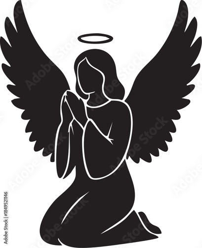 Black praying angel silhouette with wings and halo in a holy seamless pattern