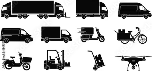 Delivery vehicle silhouette icon set, logistics transport vector, cargo truck illustration, scooter and drone symbols, modern shipping equipment graphic