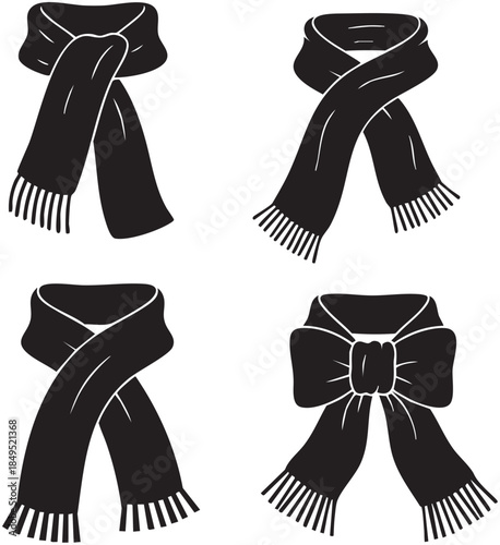 Black and white winter scarf collection icons in a cozy seamless pattern design