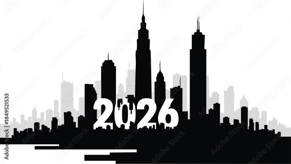 Obraz premium Black 2026 city skyline silhouette seamless pattern for urban New Year designs