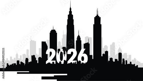 Black 2026 city skyline silhouette seamless pattern for urban New Year designs