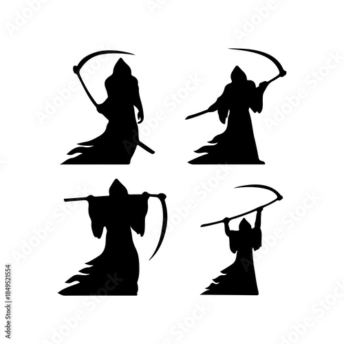 Grim reaper silhouettes with scythes in various poses
