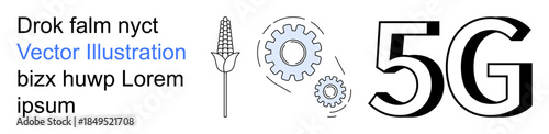 Technology, agriculture, industrial innovation, connectivity, wireless communication, smart devices. Corn plant and gear icons near 5G text. Technology and agriculture innovation