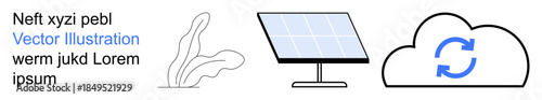 Renewable energy, cloud storage, eco technology, green power, sustainability, future energy. Solar panel next to cloud sync symbol. Renewable energy and sustainability