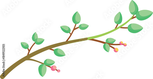 Delicate spring branch with new green leaves and tiny pink buds