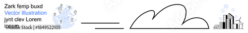 Cloud technology, urbanization, data sharing, innovation, digital transformation, sustainability. A cloud between networking elements and a modern city silhouette. Cloud computing and urbanization