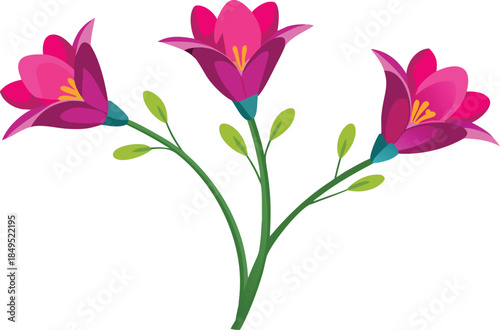 Three vibrant pink lily flowers with green stems and leaves on a white background