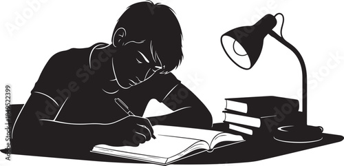 Student Studying Silhouette Writing in Notebook

Focused Boy Studying with Desk Lamp and Books

Academic Success Student Writing Silhouette Illustration