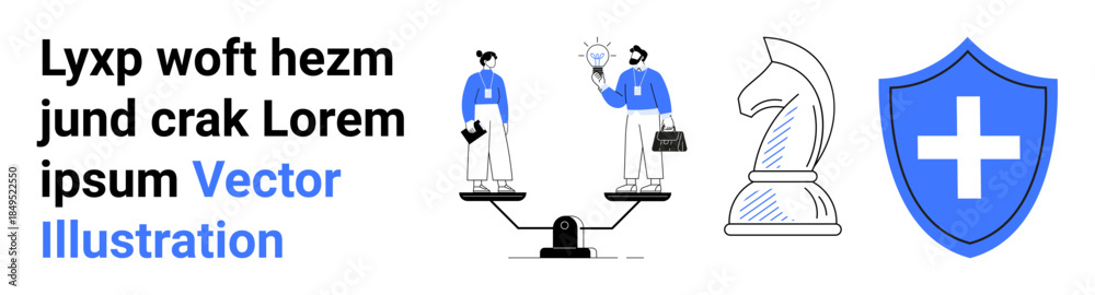 Fototapeta premium Strategy, teamwork, business analysis, decision-making, protection, leadership. Two people on a balanced scale, chess knight shield icon with cross. Strategy and teamwork concepts