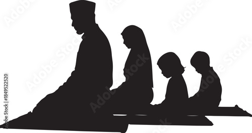 Muslim Family Praying Together on Prayer Mats Silhouette

Muslim Man Making Dua Silhouette Islamic Prayer Art

Islamic Mosque Silhouette with Minarets for Ramadan