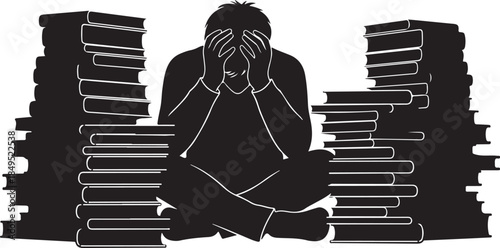 Stressed Student Overwhelmed by Books Silhouette
Mental Health and Academic Pressure Silhouette

Tired Student Struggling with Heavy Workload
Education Burnout and Exam Stress Concept Silhouette