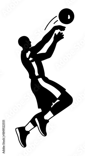 Flat vector illustration of basketball player jumping and shooting, dynamic action pose