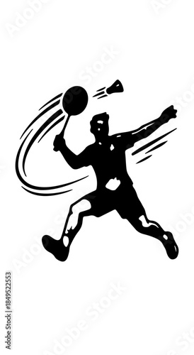 Flat vector illustration of badminton player hitting shuttlecock, dynamic movement