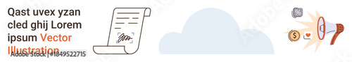 Data management, digital services, communication, collaboration, cloud technology, document sharing. Scroll paper, cloud and icons showing money megaphone and security. Data management and digital
