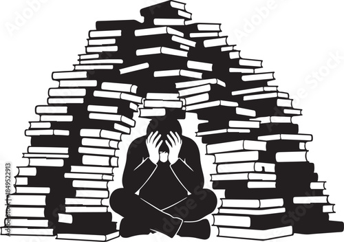 Stressed Student Overwhelmed by Books Silhouette
Mental Health and Academic Pressure Silhouette

Tired Student Struggling with Heavy Workload
Education Burnout and Exam Stress Concept Silhouette