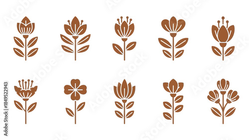 Collection of stylized floral icons in a simple, artistic, and modern design with a warm brown hue on a white background, perfect for various graphic applications