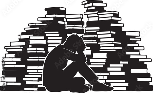 Stressed Student Overwhelmed by Books Silhouette
Mental Health and Academic Pressure Silhouette

Tired Student Struggling with Heavy Workload
Education Burnout and Exam Stress Concept Silhouette
