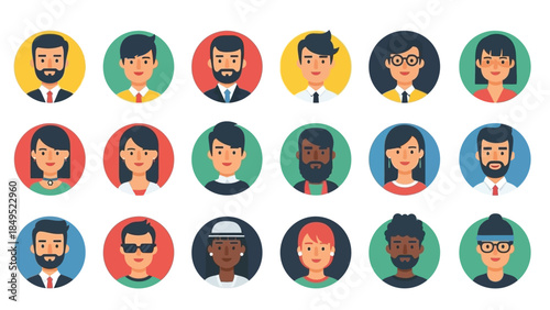 Diverse collection of round avatar icons featuring men and women with various hairstyles and skin tones, representing a multicultural community