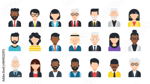 Diverse group of cartoon men and women in professional business attire, representing a variety of ethnicities and ages